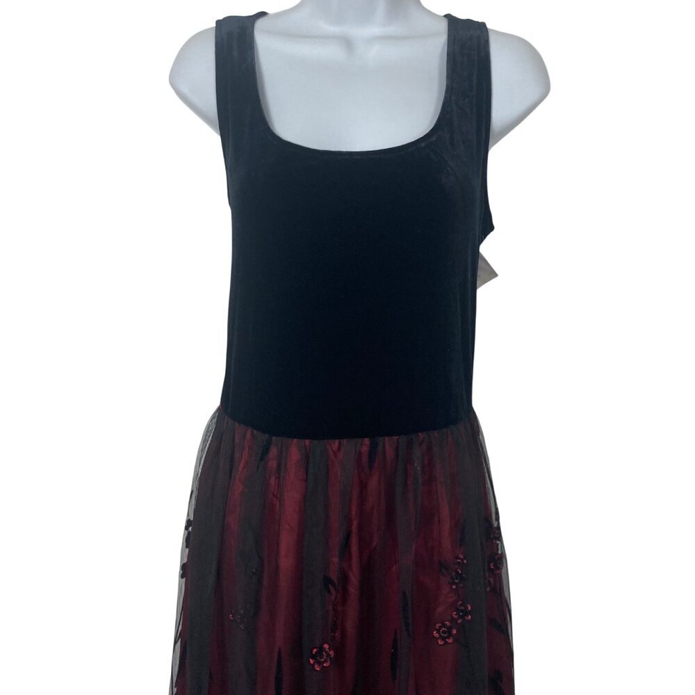 Vintage Jessica Howard Maxi Dress 12 Black Velvet Top Red Skirt Witchy Goth - Picture 2 of 10